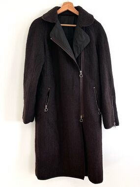 Cesare Fabbri Virgin Wool Coat Made in Italy Brown Moto Trench Style Medium